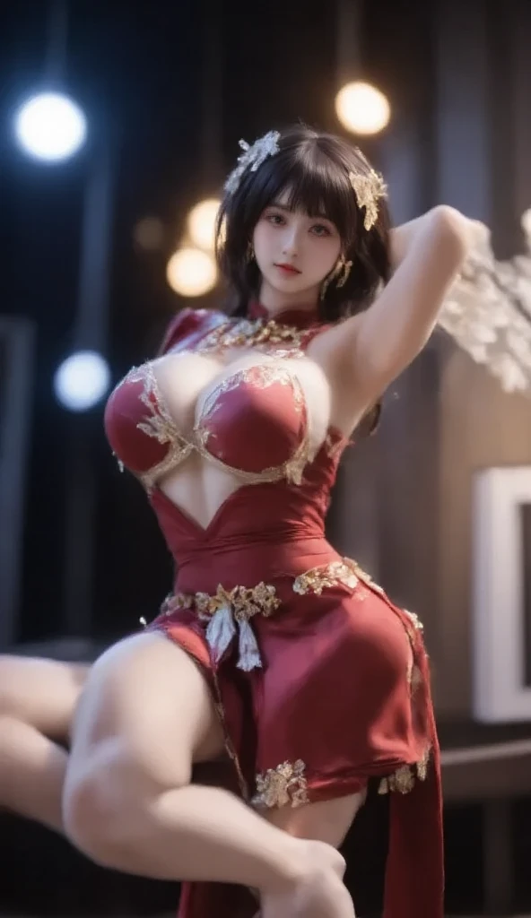 realistic, 1 women, best quality, 12k, HD, long hair, big round breasts, cleavage, ponytail, necklace, jewelry, shorts, short jacket, slim hips, hair tie, yellow eyes, black hair, super detailed, Eye details, hair details, person details, mouth details, face details, breast details, clothes details, hair details, pants details, hand details, whole body