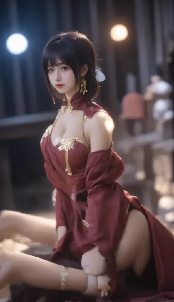 The charming style of a female model, she is wearing red underwear with a transparent gauze skirt. The flower pattern and tassel decoration on the skirt add feminine softness and dynamism to the overall look. The waist of the model is outlined by a red belt, and the golden decoration on the belt is the finishing touch. The gray design and the simple background make the model the focus of the picture, and people will be attracted by her at first sight., (best quality,8k,highres,masterpiece:1.2),ultra-detailed,(realistic,photorealistic,photo-realistic:1.37),studio lighting,ultra-fine painting,sharp focus,physically-based rendering,extreme detail description,professional,vivid colors