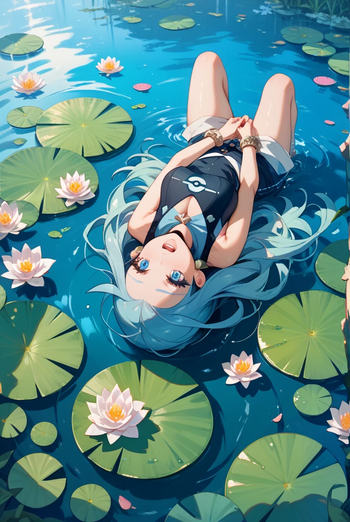 li(Background with:ponds,cherry forest,Lotus flower)Lie down under d'water, She has short pink hair,seen from the front,, almost cloudy sky,(((Masterpiece artwork),(very detailed CG Unity 8k wallpaper),best qualityer,cinematic lighting,detailed back ground,beautiful detailed eyes,shiny pupils,eyes black,Pele branca como a neve,Redlip(Very fine and beautiful),(Beautiful and detailed description of the eyes),ultra detali,Masterpiece artwork,))facing the camera,A high resolution,ultra detali),Revealing breasts,just genitalia, protuberance,legs are open,Raised sexy,camel fingers,Desire for dissatisfaction,facade,(dressing:,Transparent apron,just ,)
