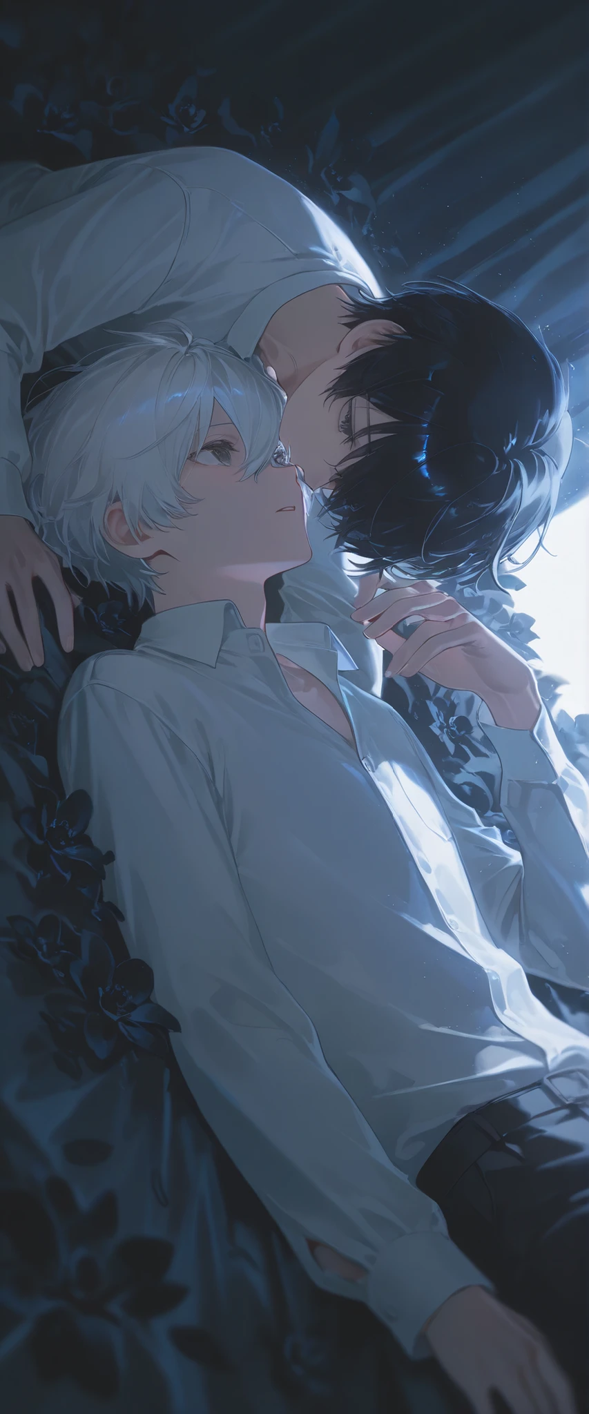 Anime couple lying on the bed with a cat on their back, A vampire white fox, He holds her, While she sleeps, Tumblr, he has dark gray hair, wipe, yay, depraved pose, anime white fox, anime A vampires, in pixive, 2b, 2 p, sad!, from Shingei, bite her lip, A vampire, dramatic scene