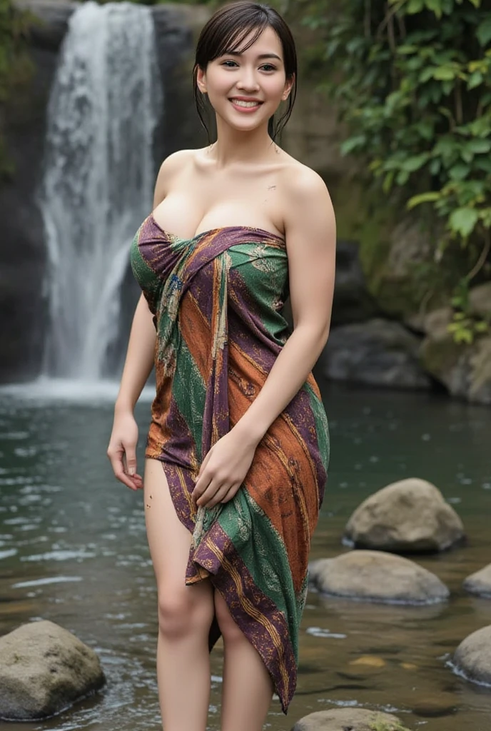 Cute girl wearing sarong dress with seducing pose, big smile, happy, bustling, ((whole body)) turning away facial at viewer, closeup, heavy mountains, misty, fog, woman standing in the waterfall, wet body, wet clothes, wet skin, beauty skin, huge breast, thick thighs bright lighting, big round ass, cute face, slim abs, 35mm lens, Extreme close-up, depth of field cinematography effect, romantic film genre, 8k resolution, high quality, ultra detail,