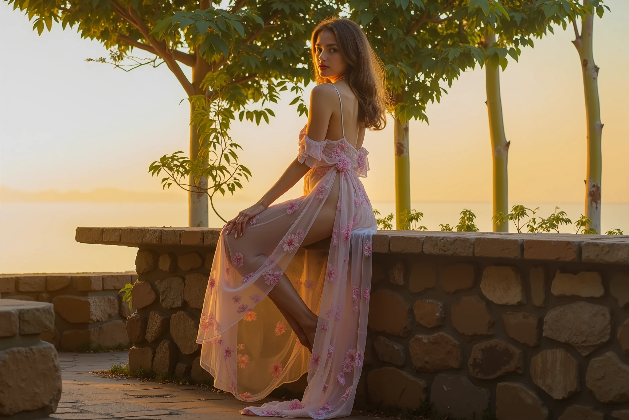 A lovely woman in flowing silks strolls through a field of flowers