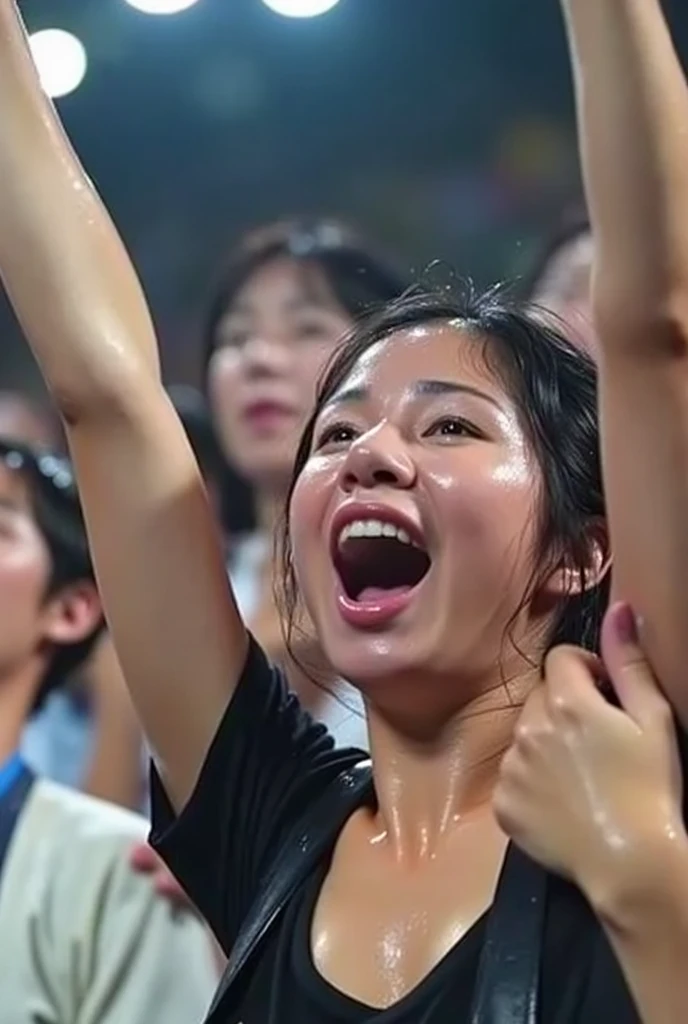 a very beautiful and sweaty 25 year old Indonesian naked girl with thick hairy armpits, muscular abs, raising her arms high while being carried and kissed by two young men