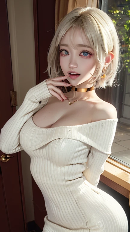 On the table, best quality, high resolution, Bjoff, Short hair long hair, White hair band, Red Eyes, Gold earrings, Large Breasts, (((Full and soft breasts,)))(((Huge breasts))) (((Cleavage))) Jewelry, Off-shoulder, Red sweater, a, Long sleeve, Black pantyhose, outdoor, Stand-up cowboy shooting, Smile