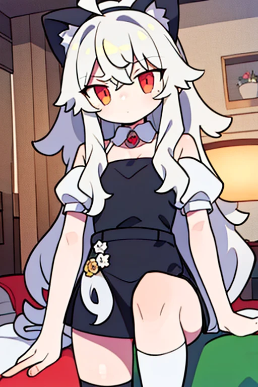 Wear very little,White fluffy hair,Pink lips,Feminine eyes,Fair skin,D-cups,Sexual organs are faintly visible,Spread your legs,White legs can be seen,Mushroom-shaped plastic toy in his mouth,,Wearing cat ears,Overlooking,Look at you affectionately,Sun-drenched queen bedroom