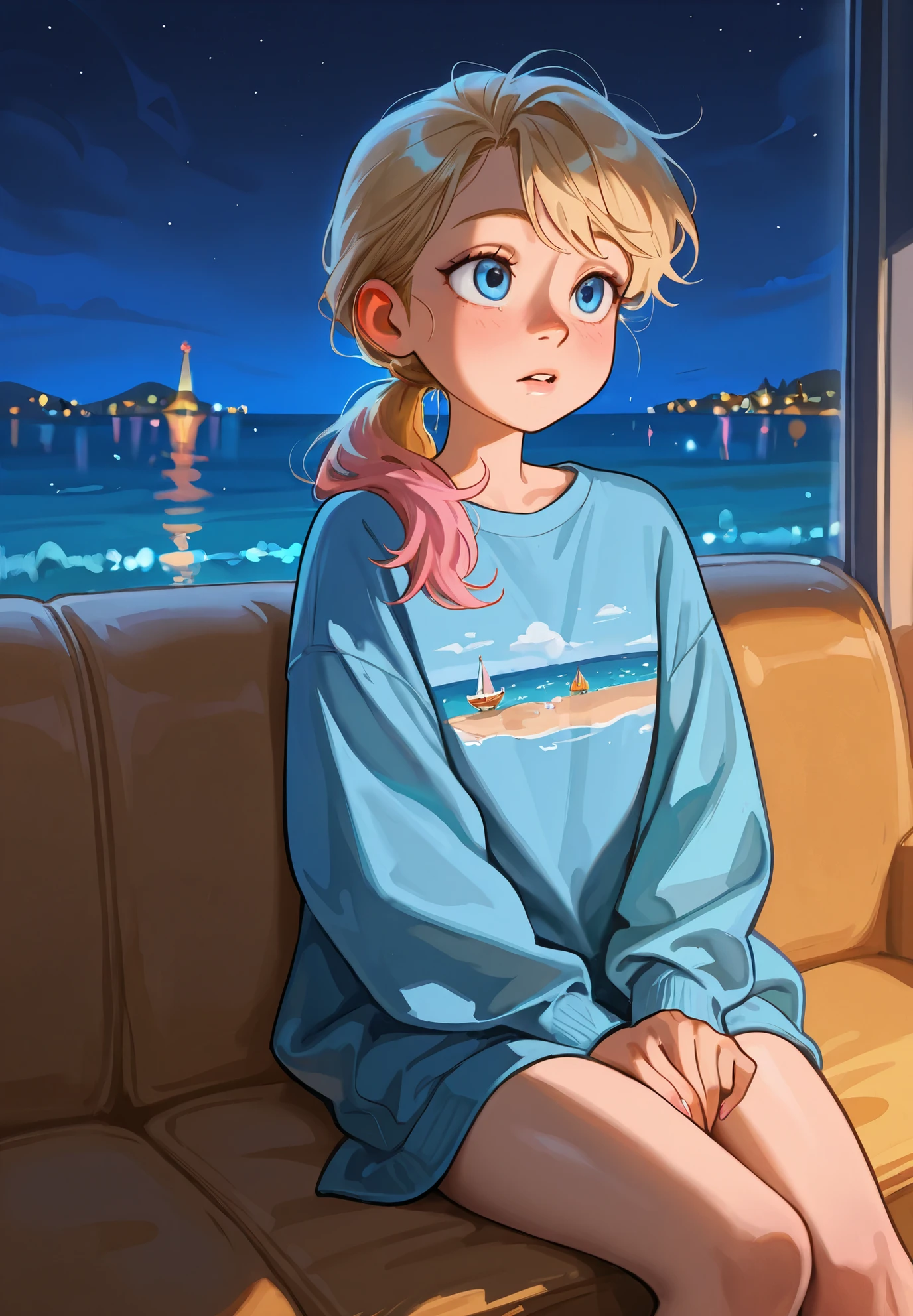 1girl, solo, Riley Andersen, Inside Out, parted lips, blonde ponytail hair with pink highlights, sitting on a sofa, sexy pose, alluring atmosphere,night time, seaside town, beautiful lighting and shadows,masterpiece,top quality,warm color,high resolution,high fashion,absurdres extremely,vivid colors,intricate details,best quality,amazing quality,very aesthetic,newest,ultra-detailed,