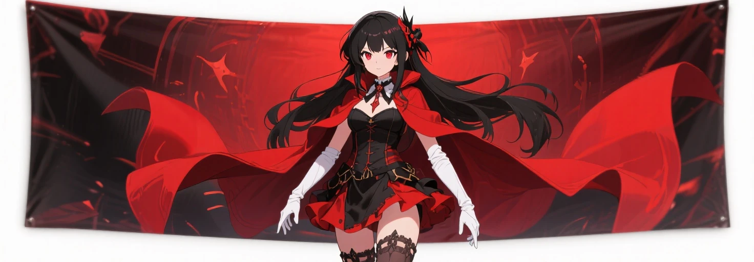 Rory Mercury, Rory Mercury, Black Hair, Blunt bangs, Hime cut, hair ornaments, Red lipstick, Long Hair, Cute face, compensate, (Small box:1.2), (Red eyes:1.5), break Gothic underwear, Perfect body (Small breasts:1.3), break in full growth, Red Shoes, break Black Stockings, Black Gloves break, Black thighs, Garter Straps, gloves, Gothic, Hair Ribbon, Gothicファッション, puffy Short sleeve, Puffy sleeves, Short sleeve, tights, tights, looks at the viewer, break (masterpiece:1.2), Highest quality, High resolution, unity 8k wallpaper, (Illustration:0.8), (Beautiful details in the eyes:1.6), Highly detailed face, Perfect lighting, Highly detailed CGI, (Perfect Arms, Perfect Anatomy), (white background:1.5), I have nothing in my hands, (vulgarity:1.5), female masturbation, 1girl, whole body, Confused eyes