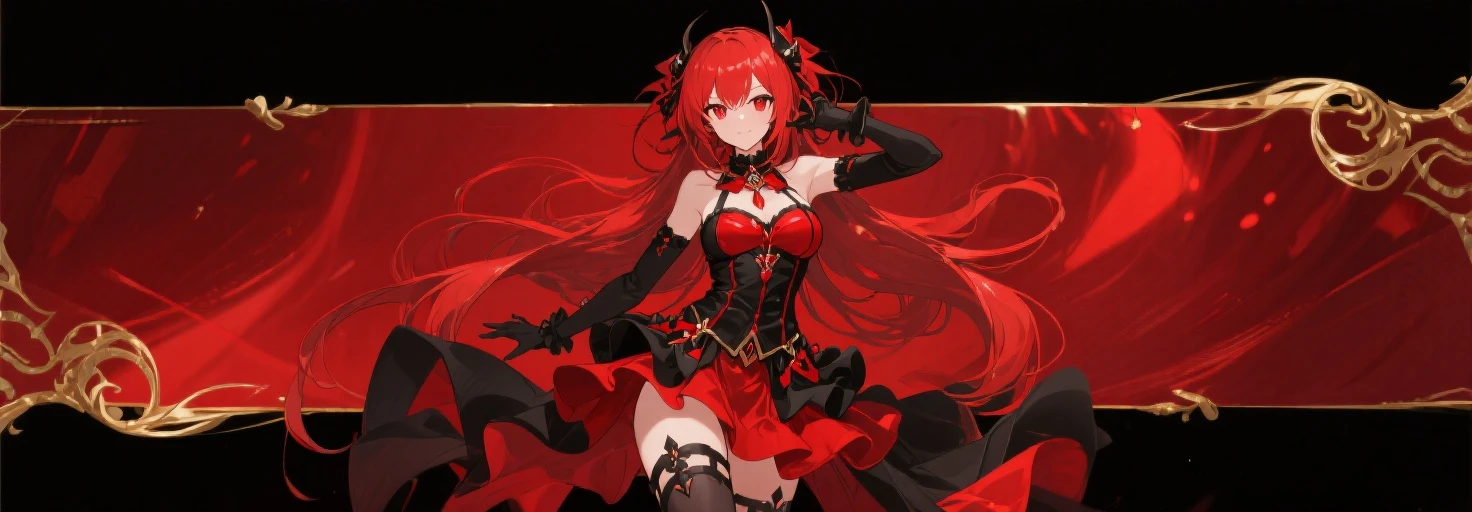 A vibrant, high-contrast illustration of a young girl with a large head of flowing red hair adorned with various flowers. The girl's hair is voluminous and filled with detailed red, black, and white flowers, creating a striking visual effect. She has a pale complexion with large, expressive eyes that are also red, and her facial expression is one of wonder or contemplation. Her hands are resting on her cheeks, and she is looking upwards. She wears a black dress with a red heart on it. The color palette is dominated by bold reds and blacks, with some white highlights, giving the image a dramatic and intense feel. The background is filled with additional floral elements, contributing to the overall lush and rich aesthetic.