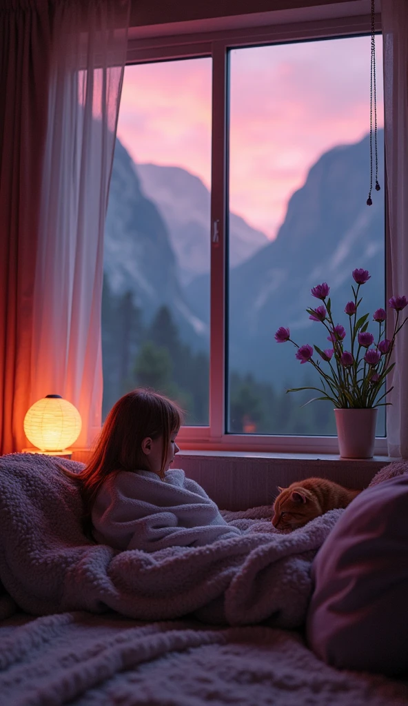 Realistic photo of a cozy modern living room interior at A girl and her cat sleep in the surreal mountains of confusion. Light turns to darkness---90peacefulnes and love. Water plays hide and seek with black heart rain----%6. Where have all the flowers gone. 
9:16--V 6.1 with mood lighting in warm orange and soft purple colors.