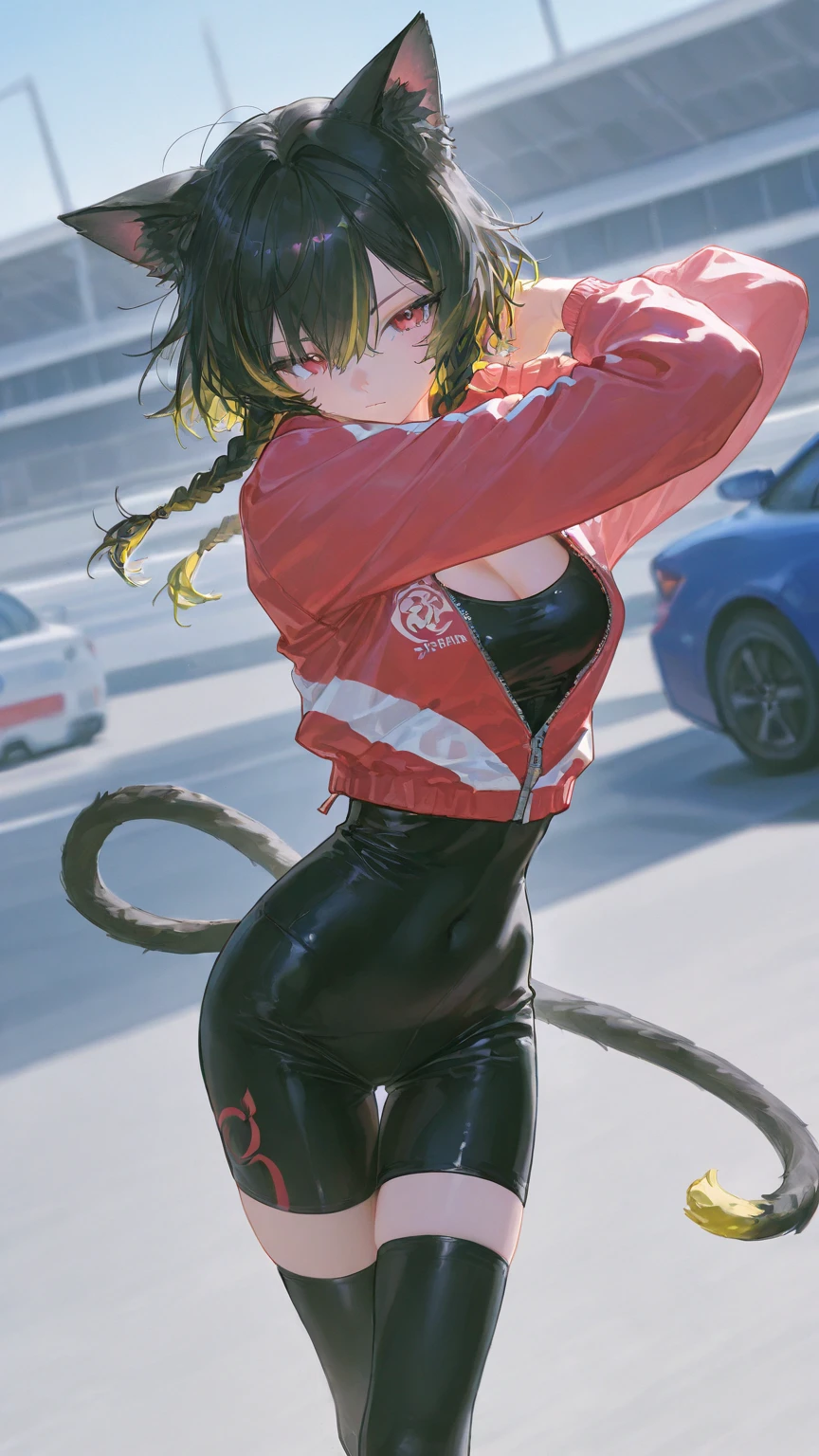 ((((((1boy)))))), fluffy dark blue hair, ((big sharp cat ears)), cat tail, slim figure, ((pale skin)), sky blue eyes, joyful, big thighs, big butt, fangs, slim waist, lean figure, skin pale, youthful appearance, (((bulge))), black booty gym shorts, black thigh socks, black coat, twink