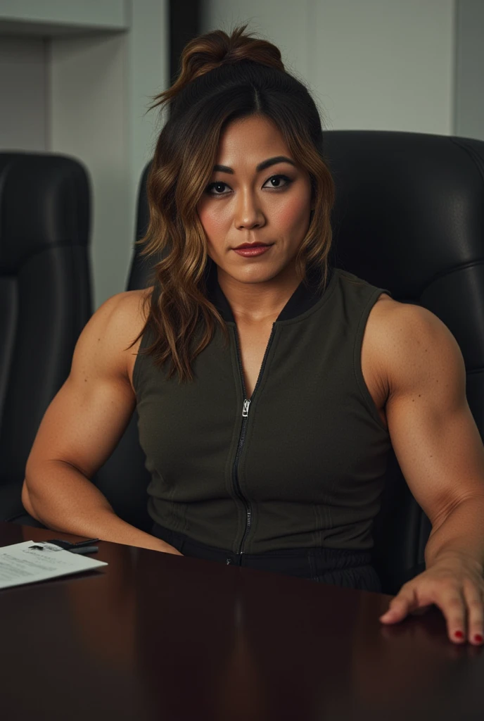 athletic 30 year old asian female police officer wearing tank top and police pants taking a break at police station. smiling
