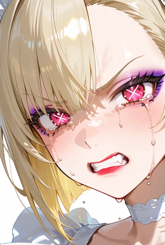 (nsfw),masterpiece,ultra detailed,sharp focus,hyperrealistic, [ 4 k digital art ]!!,(tanned skin gyaru),seductive anime female,mature beautiful face,mature female lying on back,light brown hair,(aroused and suffering),open mouth vertically,trembling,from above,look at viewer,thick make-up,face focus,crossed eyes,sweaty,rolling eyes