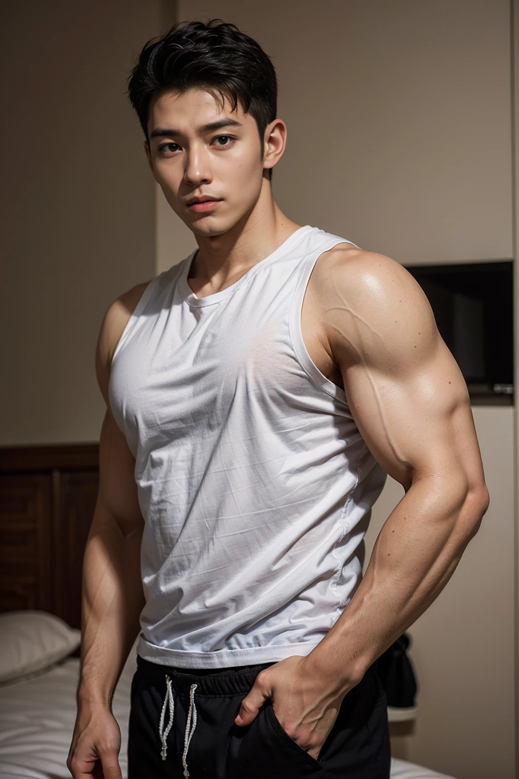 Sexy muscular, plump pecs, confident cocky slight smile casual friendly guy smirking twinkle eyeemboy queer athletic Hispanic, looks seductively into the camera, throbbing, man , wearing a white satin underwear, has nice top white trim and no lettering or branding, beautiful underwear, clean groomed short hair, side bang, sitting on a comfy chair, Korean boy 25 years old, male model, cute, white skin, muscles lean beautiful, prefect body
