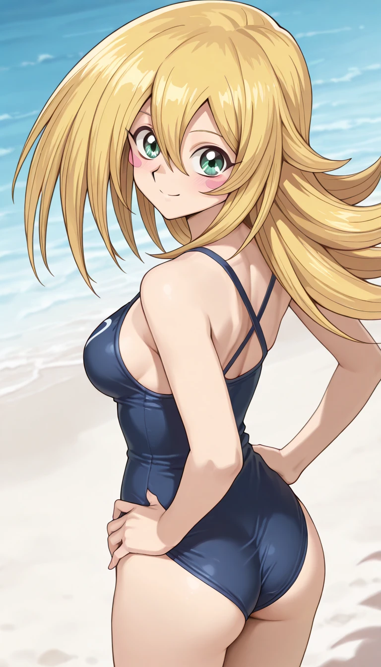 1girl,blonde hair,thighhighs,blue eyes,twintails,hair bow,hair ribbon,black bow,medium breast,<lora:Mittelt _ High School Dx}D:0.8>,school swimsuit,Leaping with one leg extended, smile