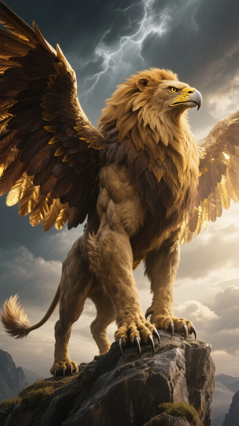 ((a creature with eagle head)) wings and lion body. griffin, chiaroscuro, cinematic lighting, motion blur, atmospheric perspective, UHD, masterpiece, super detail, high details, high quality, best quality, highres, 8k