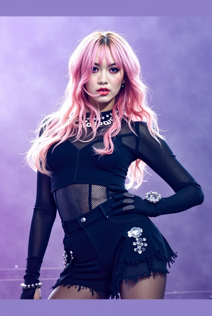 clown makeup, harlequin, 15 years old, holding a knife, roller skates, pink hair color, background neon street,