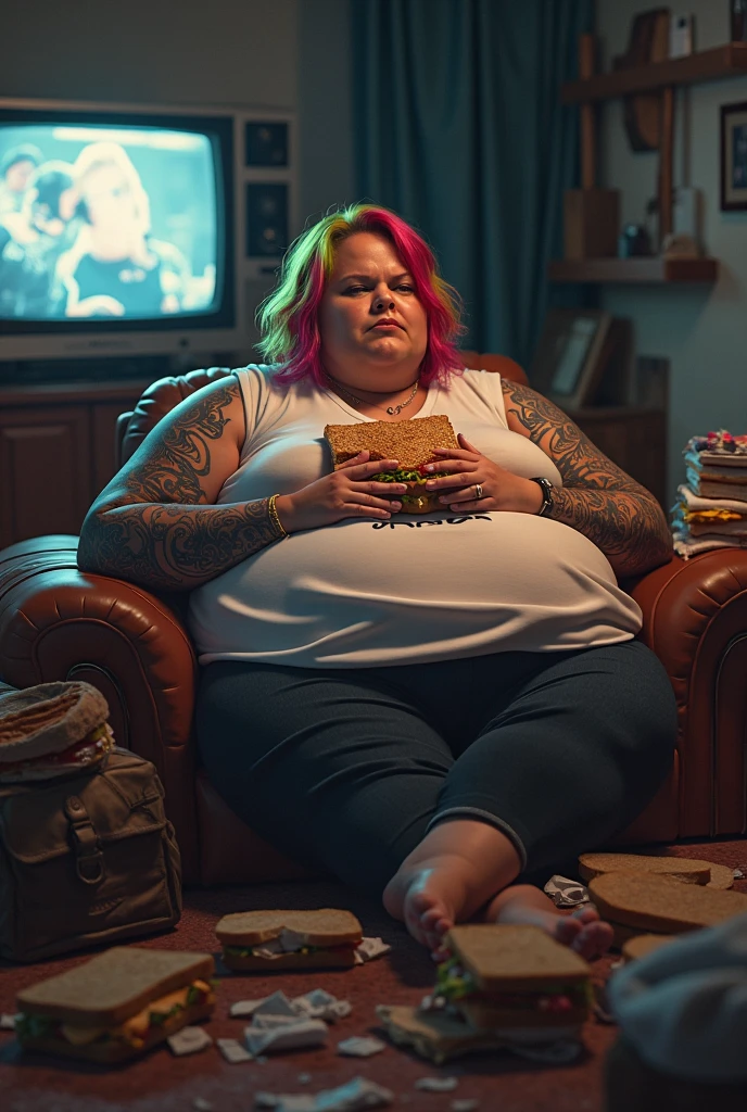 Beautiful two headed excessively fat Italian American girl with blue hair laying on her stomach and breasts in form fitting sweatpants and a hoodie. She’s embarrassed that she accidentally shit her pants She has snacks and popcorn that she is eating with only one of her two heads