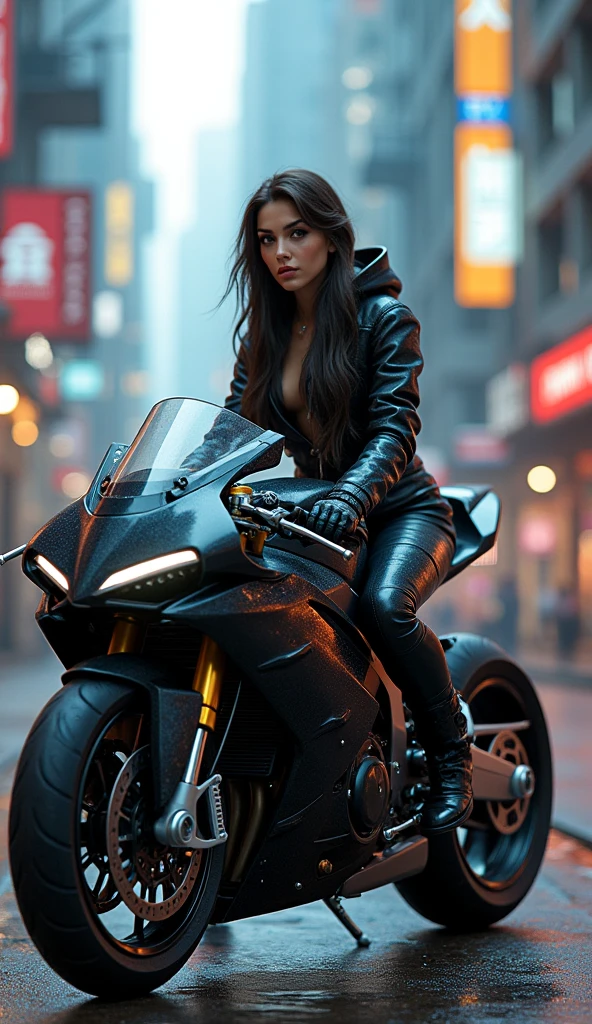 A female cyborg riding a high-tech motorcycle on the street, (side view:1.2), (best quality, high quality, absurdres, masterpiece:1.2), beautiful, intricate details, magnificent anatomy, slim body, beautiful figure, (intricate details:1.12), (intricate details, hyper-detailing:1.15), (natural skin textures, hyper realistic, soft light, sharp:1.2), HDR