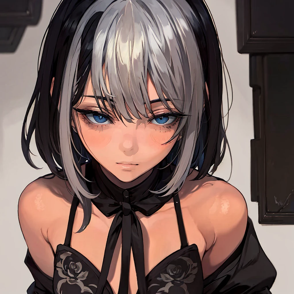 Illustrator, anime , Realistic ,sketch , 1 person, model, Age 25, lip, Sexy and revealing black and silver sheer priest dress(Holy sword), order, Blue gradient background, Neon Hair, Big Breasts, Her cleavage is visible, look back, Upper Body, Sexy look, Texture Trim, Russia, (masterpiece,Highest quality)