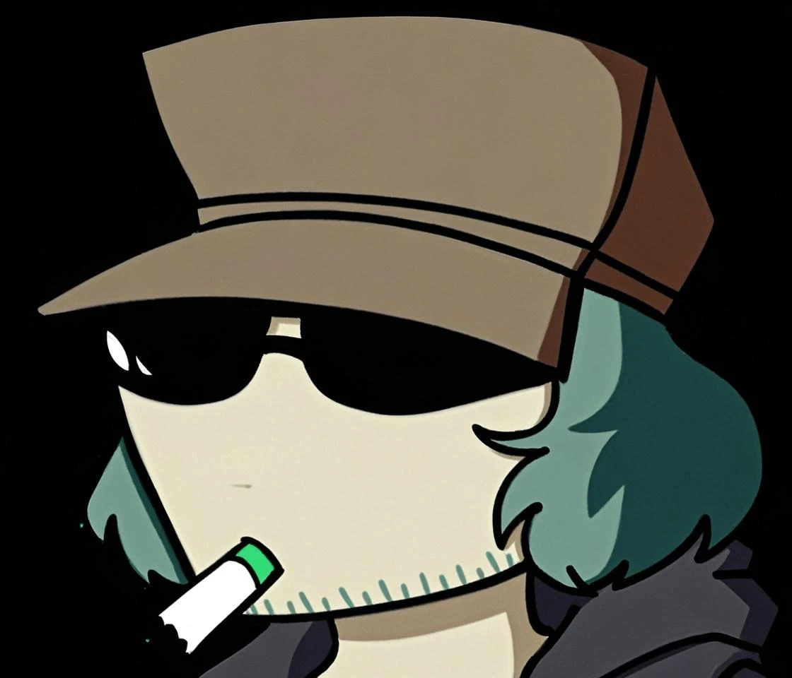 a cropped painting of Male Cigarette Fedora Small Shades, art by punks_sd