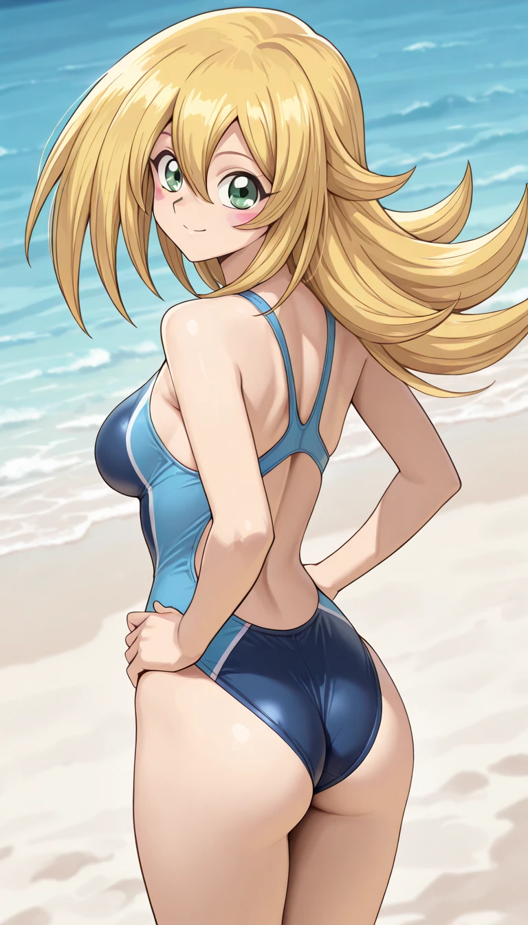 Masterpiece, 1 girl, blonde hair, long hair, ponytail, medium breasts, blue eyes, firm breasts, round ass, swimsuit, athletic, slutty, smile, playful, cute face, flirting