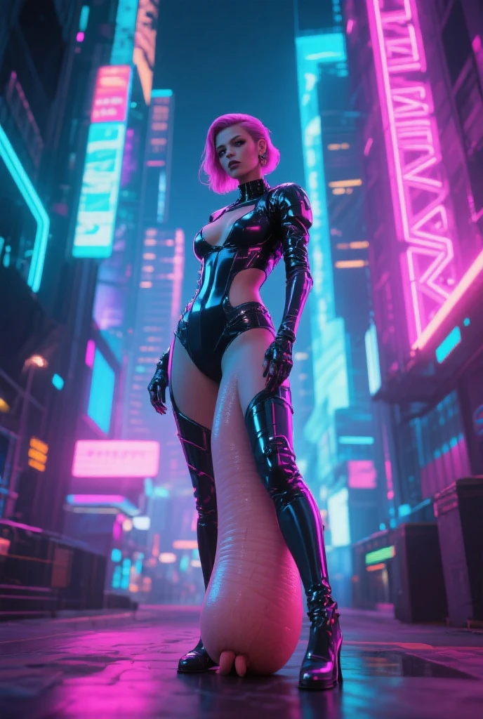 An ultra hot gorgeous European woman. Age 23. She’s a playmate and men magazine model. Slim body, sexy smile, Sexy Pose (breast), Pink tights, long legs walking forward, mechs, Neon sign, Led Night City, Seen from above, High quality, Realistic, Beautiful light, full detail, Black background