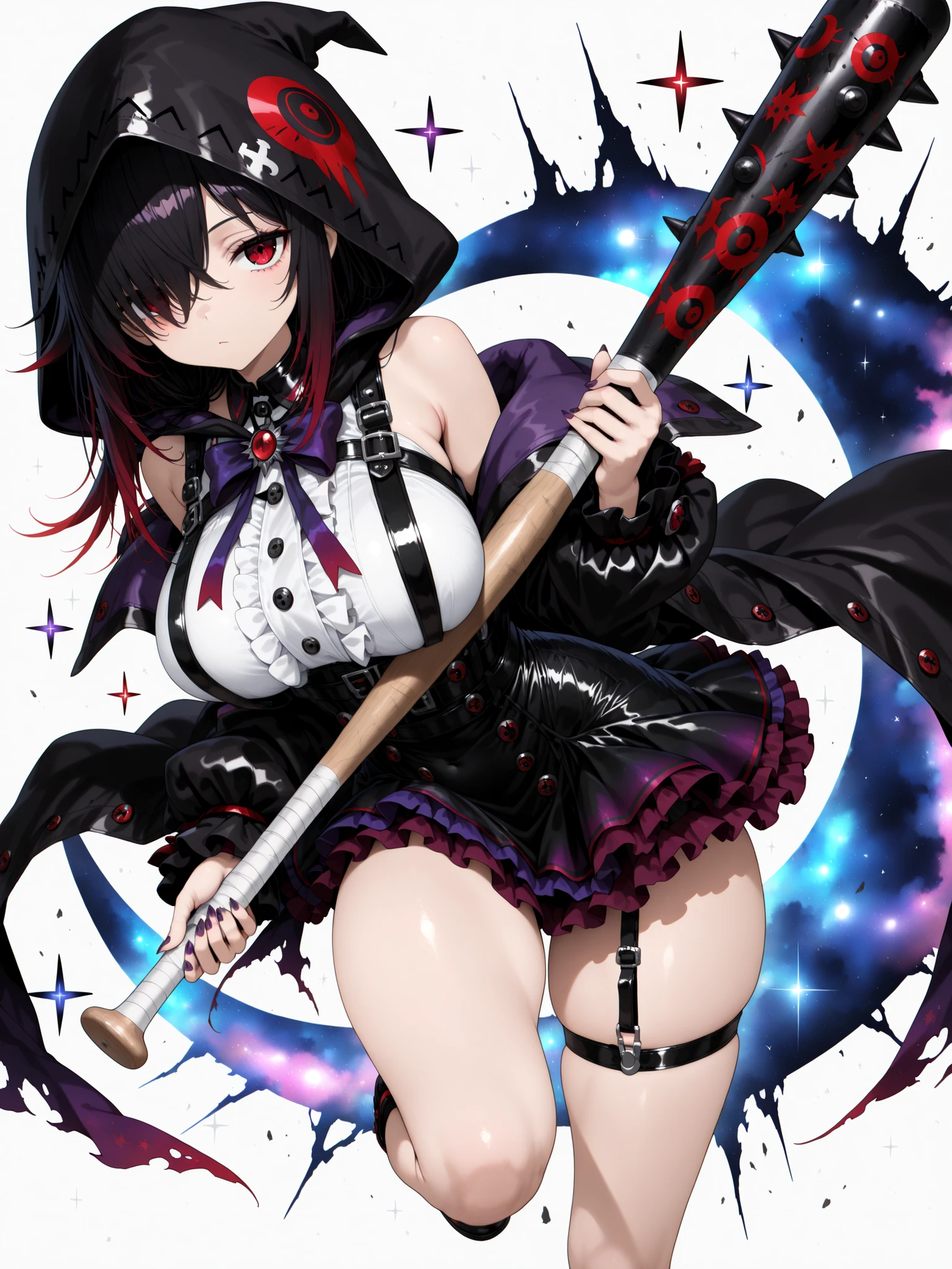 1 girl, Kuroki Monika, red eyes, gradient hair, black hair, red hair, long hair, asymmetrical hairline, hair over right eye, ((large breasts)), (petite but curvy), very cute, black and purple gothic mini dress, black and purple mini dress with frills, emotionless facial expression, black oversize gothic jacket with hood, hood over the head, net suspenders with suspender straps, holding a black baseball bat in her hand,  (masterpiece , best quality) , amazing quality , very aesthetic , absurdres , highres , newest , HDR , 8K , cinematic ,  dynamic angle , off shoulders, simple white background with multicolored purple and blue stars and crescent moon, multiple stars in the background, pastel color, epic pose, dynamic pose, action pose, takes a swing with the baseball bat,