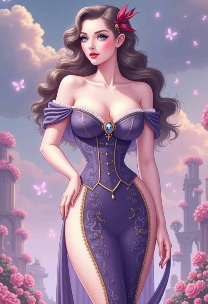 Princess Belle, deep cleavage, big breasts, showing her thighs, standing on a Disney castle balcony, high quality