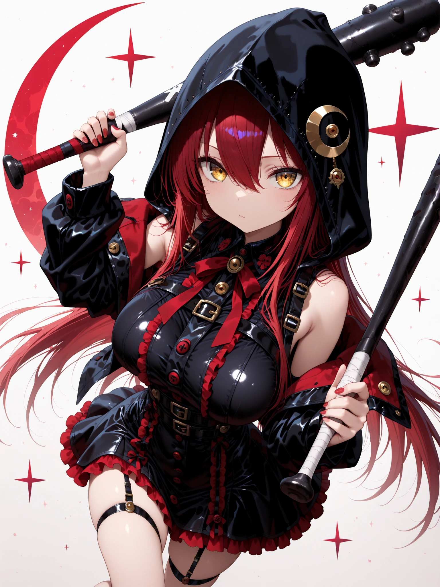 1 girl , golden eyes , very long hair , long sidelocks, red hair ,half updo, petite , very cute , beautiful ,Straight hair, cool, handsome, hair between eyes, sexy, female, medium large breasts, , black and red gothic mini dress, black and red mini dress with frills, emotionless facial expression, black oversize gothic jacket with hood, hood over the head, net suspenders with suspender straps, holding a black baseball bat in her hand, (masterpiece , best quality) , amazing quality , very aesthetic , absurdres , highres , newest , HDR , 8K , cinematic , dynamic angle , (masterpiece, best quality), amazing quality, very aesthetic, absurdres, highres, newest, HDR, 8K, professional, cinematic, off shoulders, simple white background with multicolored purple and blue stars and crescent moon, multiple stars in the background, pastel color, epic pose, dynamic pose, action pose, takes a swing with the baseball bat,