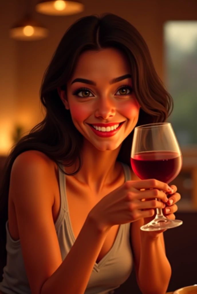 ethereal fantasy concept art of a dark hair French woman holding giant glasses of red wine in each hand, largest smile, (eyes closed:2.0), drunk, laughing uncontrollably, white summer dress, french restaurant, white table cloth, grilled steak, in the style of greg rutkowski . magnificent, celestial, ethereal, painterly, epic, majestic, magical, fantasy art, cover art, dreamy
