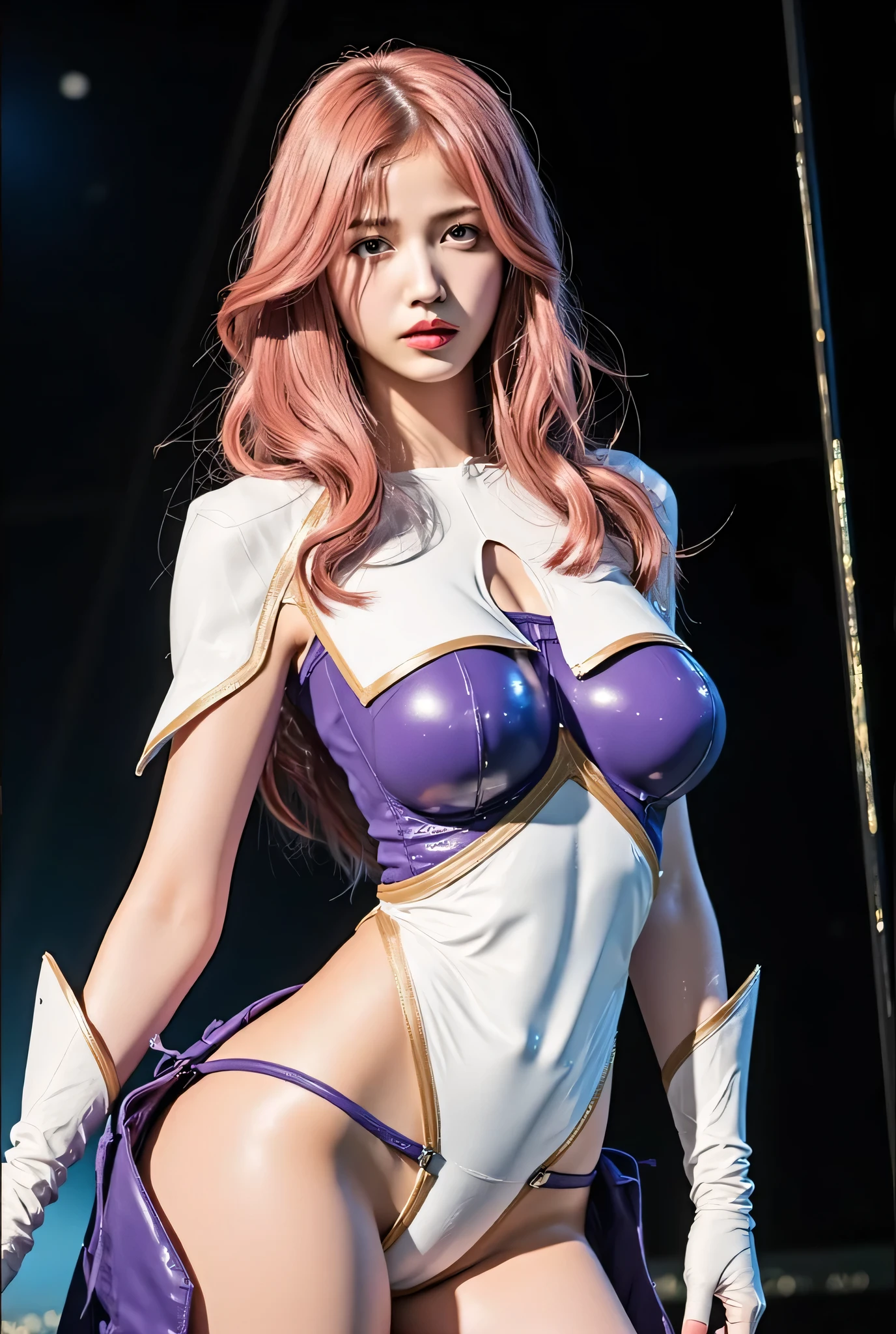 (Highest quality, 16K, masterpiece:1.55), Ultra detailed face, Detailed lips, Detailed eyes, double eyelid, 
BREAK (Happy smile:1.2), (close up:1.5), (Seductive pose:1.6), (dynamic angle:1.5),
BREAK 1girl, 18years old, (full Breasts:1.75), Lanky Height, (big hips:1.5), 
BREAK  meer campbell, 1girl, star ((hair ornament)), hair ornament, pink hair, long hair, gloves, shin leotard purple leotard, white leotard, large breasts, skirt, cowboy shot, on the stage,