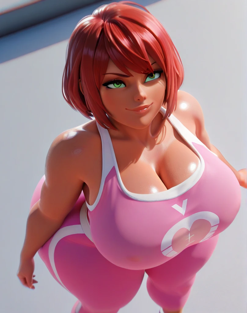 Body position: Full body, standing, straight, symmetrical, barefoot.
Lustful smile on face with red blush,
(A girl playing football, blue football uniform), (sweating:1.2), (wet), sexy, blushing,
masterpiece:1.2, best quality), realistic, (real picture, intricate details, depth of field), (1girl, solo), make up, parted lips, highly-detailed, perfect face,
(huge breasts:1.4), (skindentation), thick thighs, wide hips, small waist, tall, glossy coral lips,
red hairs, red eyes, long messy hair,