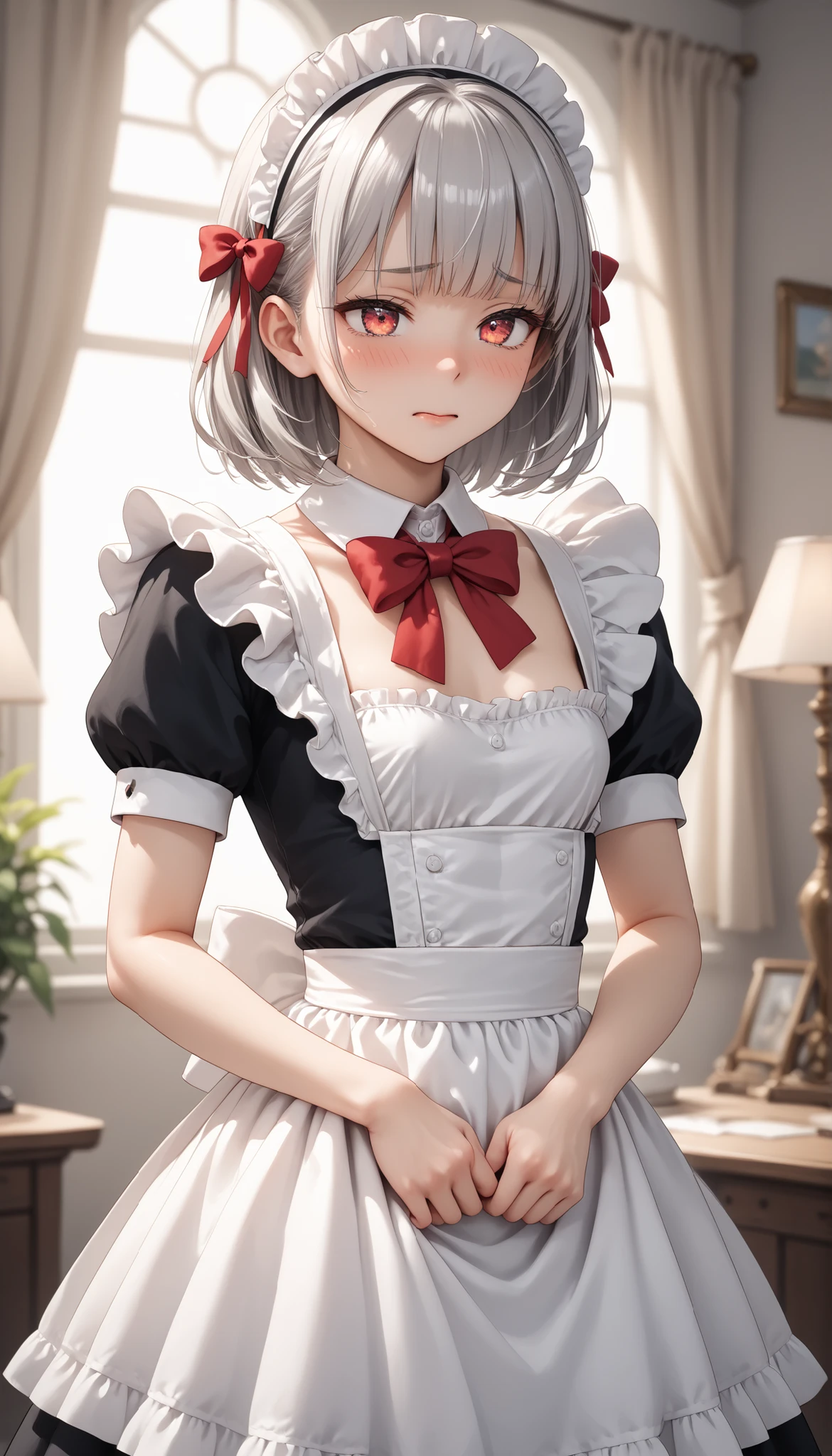 , ((White background)) 1 girl, A silver-haired girl, rathing_explicit , sexy, ,score_9, score_8_up, score_7_up, (detailed anatomical features, anime style:1.2), (best quality,4k,8k,highres,masterpiece:1.2),ultra-detailed, stunning lighting, soft colors, glowing skin, anime, anime style, maid, red bow, (maid costume), seductive ,, ((small breasts)) , weak , unhealthy , (((very thin:1 . 2))) (Flat chest:1 . 4) gaunt (Shy, embarrassed)