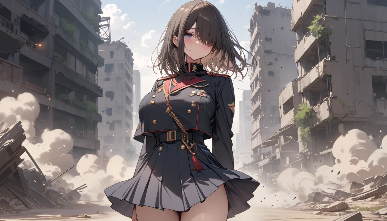 (highest quality:1.2, Very detailed, up to date, Vibrant, Ultra-high resolution, High Contrast, masterpiece:1.2, highest quality, Best aesthetics), Portraiture、girl、solo, (25-years-old:1), slim, heterrochromia, green eye, red eye, Bright color, ((marching:1.5)), (holding a dance baton, hand up on chest), (majorette uniform), cleavage, (short folded skirt), marching band hat, lingier, stockings, big thighs, shoes, Beautiful fine details、Beautiful lip detail、extra short hair, ((bob cut:1.5))、pink and purple, ((streaked hair:1.9)), (highlights hair: 1.6), (medium breast:0.7), (tan skin:0.5), (other marching band members marching behind her:1), street of parade venue, (A large crowd of audiences on both sides of the road), sunshine, blue sky, cowboy shot:1,