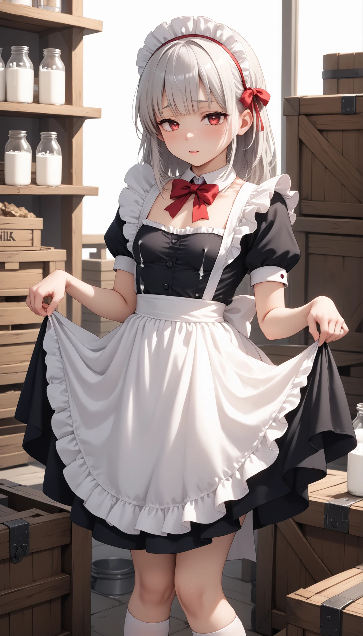 (((White background))) 1 girl, A silver-haired girl, rathing_explicit , sexy, ,score_9, score_8_up, score_7_up, (detailed anatomical features, anime style:1.2), (best quality,4k,8k,highres,masterpiece:1.2),ultra-detailed,  soft colors, glowing skin, anime, anime style, maid, red bow, red eye (maid costume), seductive ,, ((small breasts)) , weak , unhealthy , (((very thin:1 . 2))) (Flat chest:1 . 4) gaunt (Lifting a crate of milk bottles:1.4)  Very heavy
