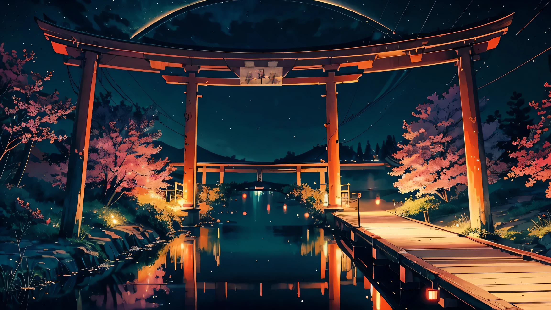 Draw anime lofi high resolution scene 16mm view of torii surrounded by fireflies on a bridge on a lake, sakura trees, full moon night, reflection, starry cloudy wide open sky, ambient dim, lanterns hanging on bridge, light, vibrant colors, peaceful, natural color tones, cloudy sky, beautiful color palette, vibrant saturated colors, masterpiece, no human