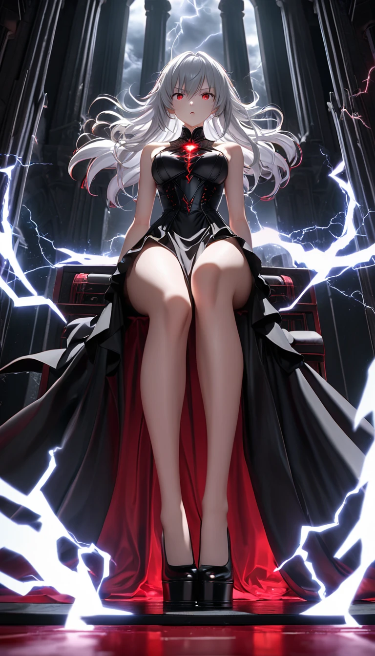 A dramatic, full-length shot of a femme fatale in a dark, damp cave. The female subject stands tall, her long, flowing white hair cascading down to her feet like a river of moonlight. Her pale skin seems almost translucent against the rough, rocky backdrop. Shiny black latex clings to her curvaceous figure, drawing attention to her impressive cleavage and generous hips. A wide, crimson collar adds a pop of color around her neck, while her bright red lips and eyes seem to glow like embers in the dim light. A tattered, blood-red cape flows behind her like a dark halo, held together by a wide silver belt shaped like a skull. Her long, black hair is streaked with subtle hints of purple, giving it an otherworldly sheen. She poses confidently, one hand on her hip and the other holding a fang-like accessory, as if daring anyone to enter her domain. The high-heeled, silver shoes add a touch of elegance to her overall, wicked aesthetic.