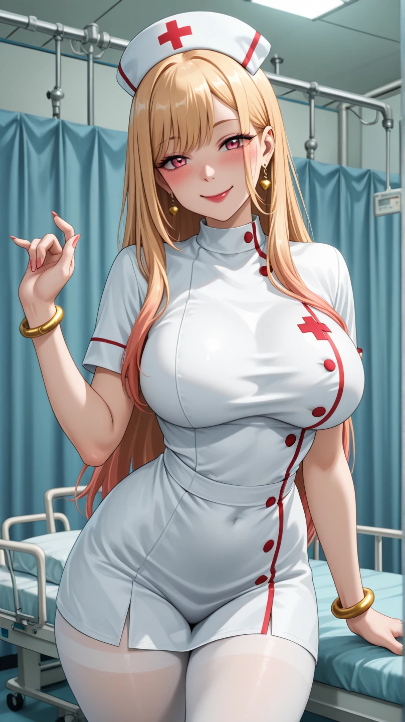 (masterpiece:1.3, top-quality, ultra high res, ultra detailed), (realistic, photorealistic:1.4), beautiful illustration, perfect lighting, natural lighting, colorful, depth of fields,
beautiful detailed hair, beautiful detailed face, beautiful detailed eyes, beautiful clavicle, beautiful body, beautiful chest, beautiful thigh, beautiful legs, beautiful fingers,
looking at viewer, (from above), 1 girl, japanese, 17 years old, (((bitch))), (perfect anatomy, anatomically correct, super detailed skin), cute and symmetrical face, babyface, shiny skin,
(middle hair, straight hair, ash blonde hair), sforehead, maroon eyes, glowing eyes, long eyelashes, (((large breasts, large hip, seductive thighs))), perfect face, perfect eyes, sexy body,
(((((sexy shiny nurse uniform))))), (very tanned shiny skin), (skindentation),
(beautiful scenery), daytime, ((inside ruins of the hospital)), ((((((sexy pose)))))), , (seductive smile, parted lips),