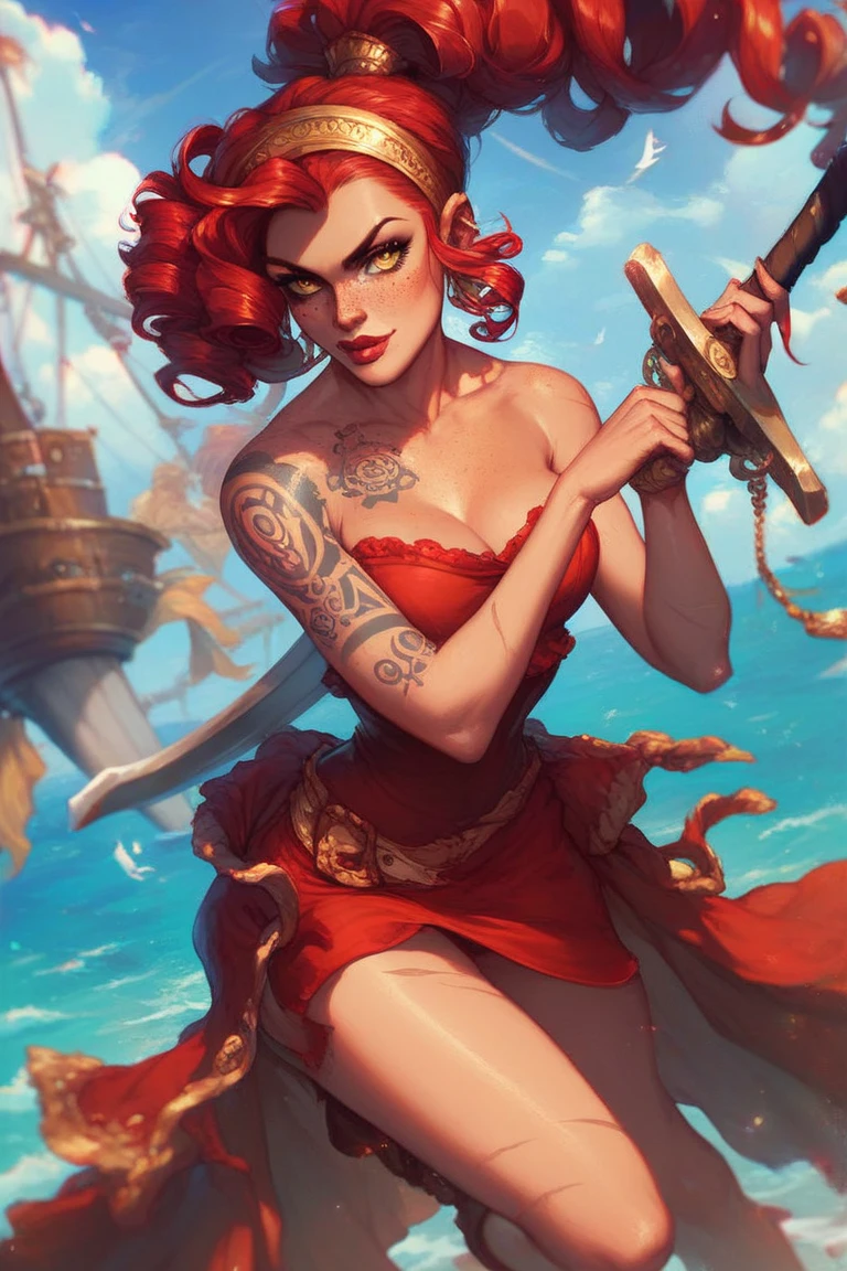 (master part:1.2), (Melhor qualidade1.2), circunstanciado, ( sexo:1.2), 1 menina bruxa,(maduro), testa aberta,curly hair, (medium hair), red hair, olhos verdes, cabo, lacuna na coxa, small and medium breasts, quadris grandes, Red lipstick, Gargantilha, (De cima para baixo de baixo para cima:0.8), (Orc:1.2), (from behind)