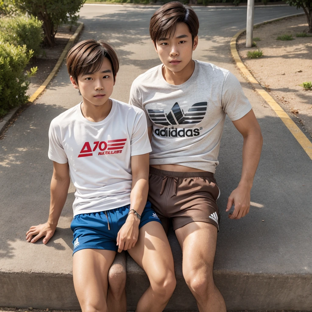 two boys, embrace, Photorealsitic, 8K full body portrait, a handsome, 18-year-old man, A charming expression, detailed face details, topless, sexy, Brief underwear, TOKYOcty, Winters, Shibuya in the background.