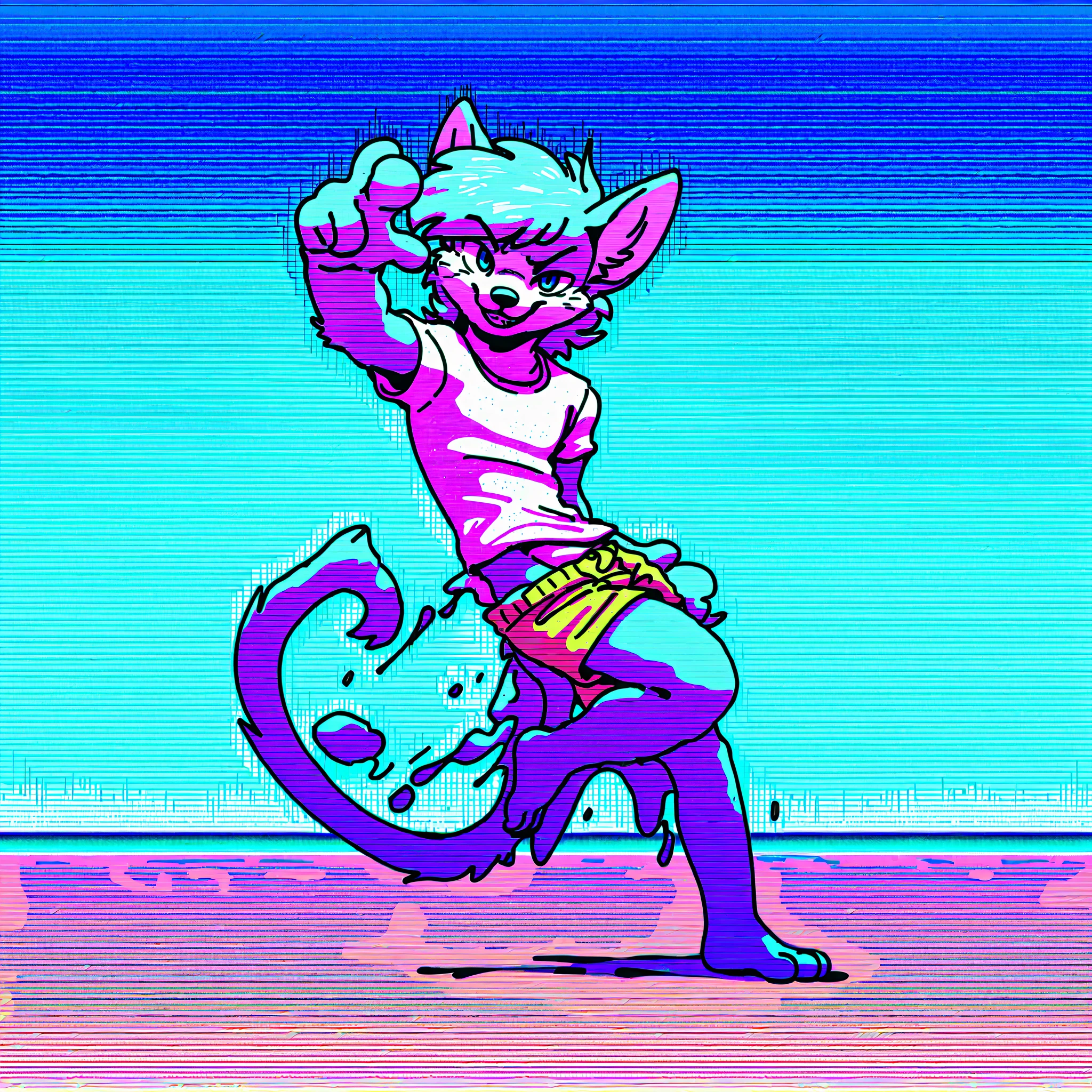 a cartoon drawing of a girl in front of a city in a bikini, pansto art style,