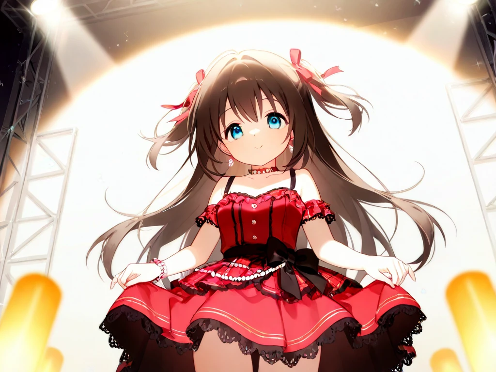 Realistic photos, Focus distance 10mm, Red and white, Beautiful girl, Realistic photos, Shooting at focus distance 10mm, masterpiece, 最high quality, high quality, Very detailed CG 8k wallpaper unit, Award-winning photography, Depth of written boundary, High resolution, bloom, chromatic aberration, Realistic, Very detailed, Art Station Trends, CGsociety Trends, Complex, High detail, dramatic, Art on the go, volumetric lighting, A beautiful girl is dancing on the stage of the Moulin Rouge in a gorgeous frilly dress. A red windmill is painted in the Disney style in the background, and the stage lights are twinkling and shining on her