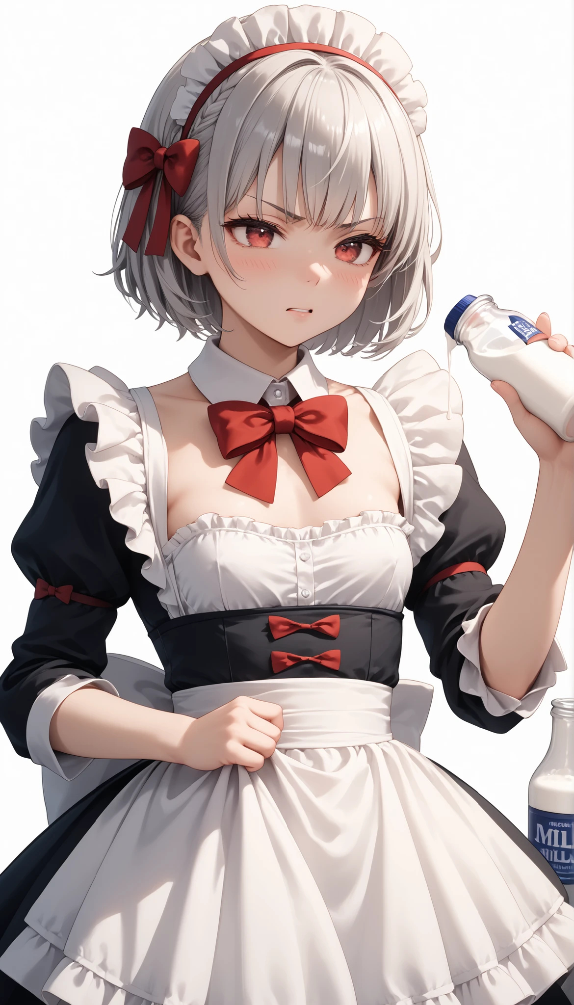 (((White background))) 1 girl, A silver-haired girl (Short hair), rathing_explicit , sexy, ,score_9, score_8_up, score_7_up, (detailed anatomical features, anime style:1.2), (best quality,4k,8k,highres,masterpiece:1.2),ultra-detailed, soft colors, glowing skin, anime, anime style, maid, red bow, red eye (maid costume), seductive ,, ((small breasts)) , weak , unhealthy , (((very thin:1 . 2))) (Flat chest:1 . 4) gaunt (Drink milk from a bottle:1.4) angry