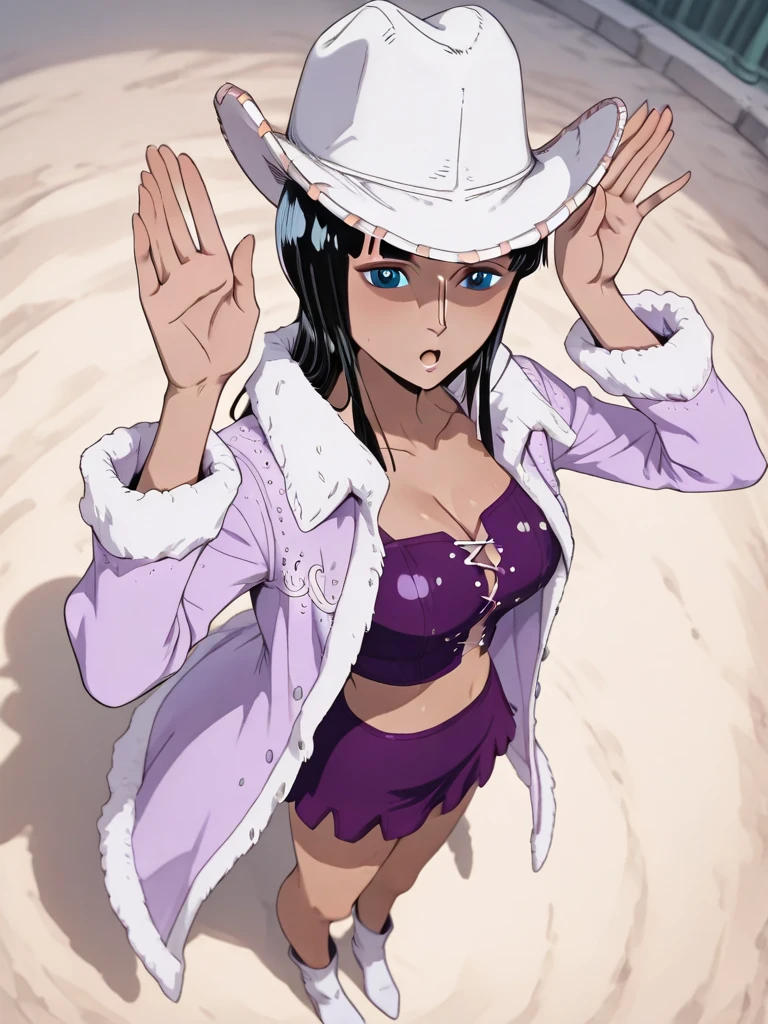 (White background:1.5),Anime cel drawing style, Best Quality, High resolution,(The bikini:1.8),arms up,sexy,erotic,large breasts,((Hyuuga miki,Final Romance, Long hair, Blonde hair,((Brown skin)),purple hair band)), blush, embarrassed,Happy smile, ((Full body)),((Full body)), (Cowboy Shot:1.2)