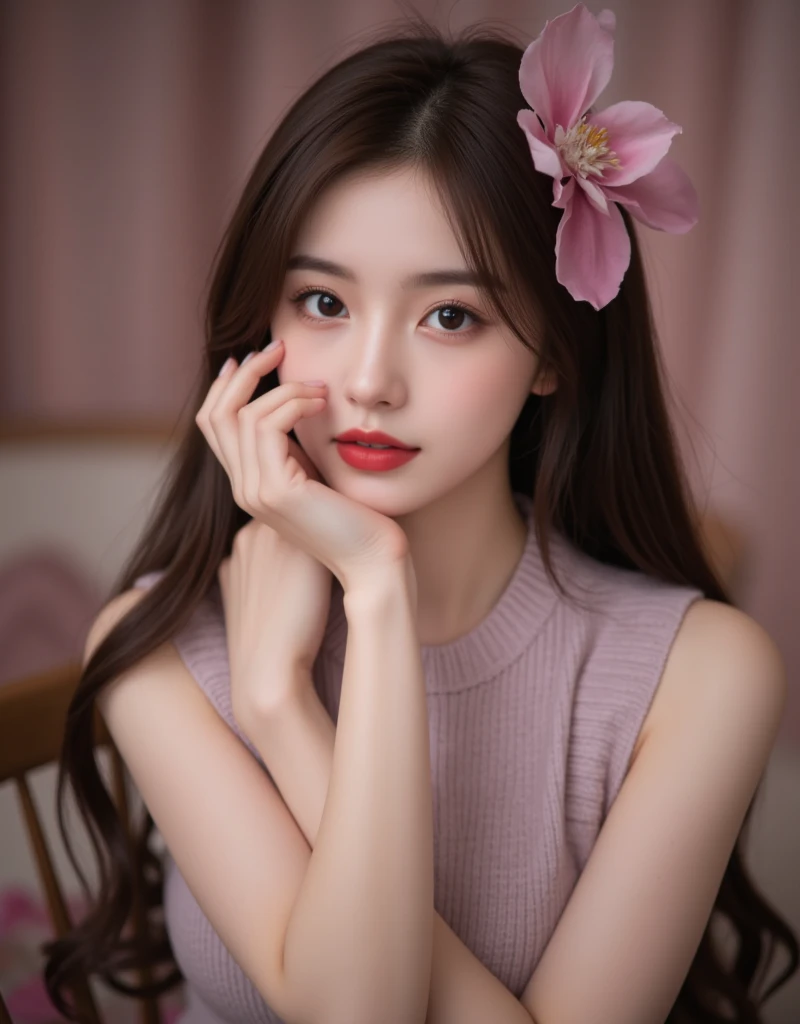 Jisoo girl with moist eyes and a soft hot pink flower silky dress beautiful sex closely face