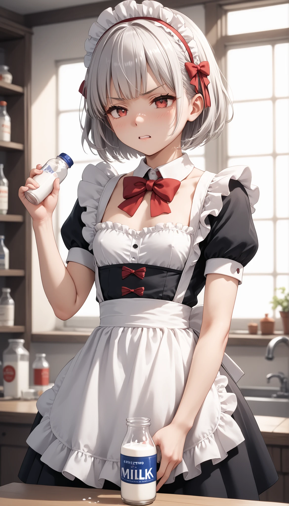 (((White background))) 1 girl, A silver-haired girl (Short hair), rathing_explicit , sexy, ,score_9, score_8_up, score_7_up, (detailed anatomical features, anime style:1.2), (best quality,4k,8k,highres,masterpiece:1.2),ultra-detailed, soft colors, glowing skin, anime, anime style, maid, red bow, red eye (maid costume), seductive ,, ((small breasts)) , weak , unhealthy , (((very thin:1 . 2))) (Flat chest:1 . 4) gaunt ((Drink milk from a bottle:1.4)) angry