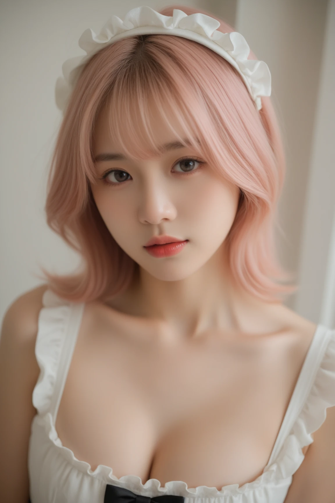 film grain,detailed,1 Ulzzang girl,long lashes,mascara,aegyo sal,cleavage visible,bangs,wavy hair,pink hair,cute,(Peach blossom eyes),oval face,(masterpiece:1.2) and (best quality:1.2) and (photorealistic:1.4) and (Realistic:1.4) and Detailed Skin Textures and detailed skin pores,wear detailed elegant dresses,indoor