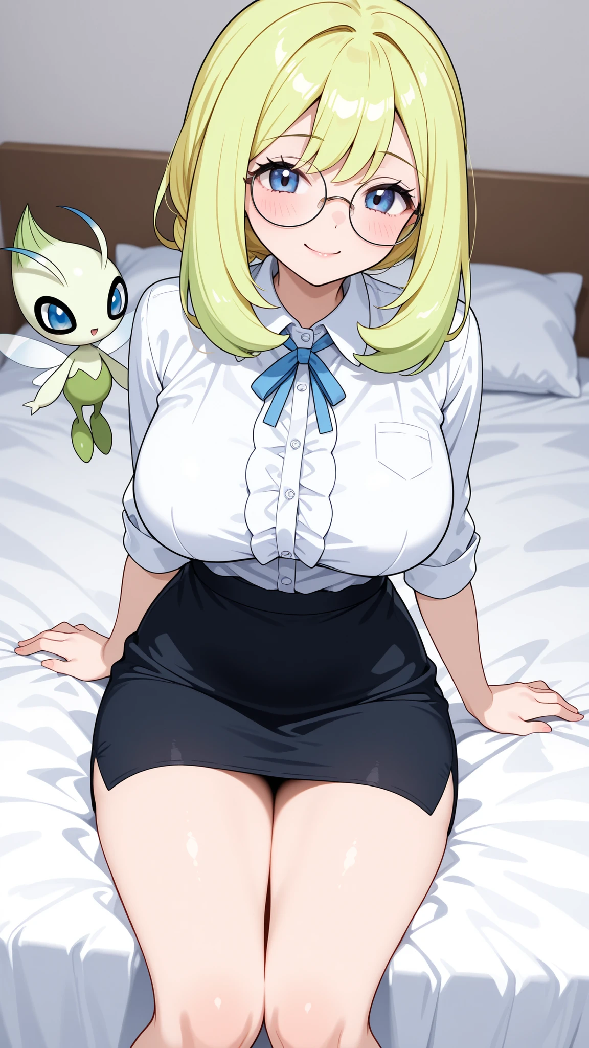 Pokemon Celebi, She Has Long Yellow Hair, Eyes are deep blue , she has medium bust size,With a cute smile、I'm wearing round glasses in a sexy teacher cosplay,she's sitting on the bed, young woman ,High Quality