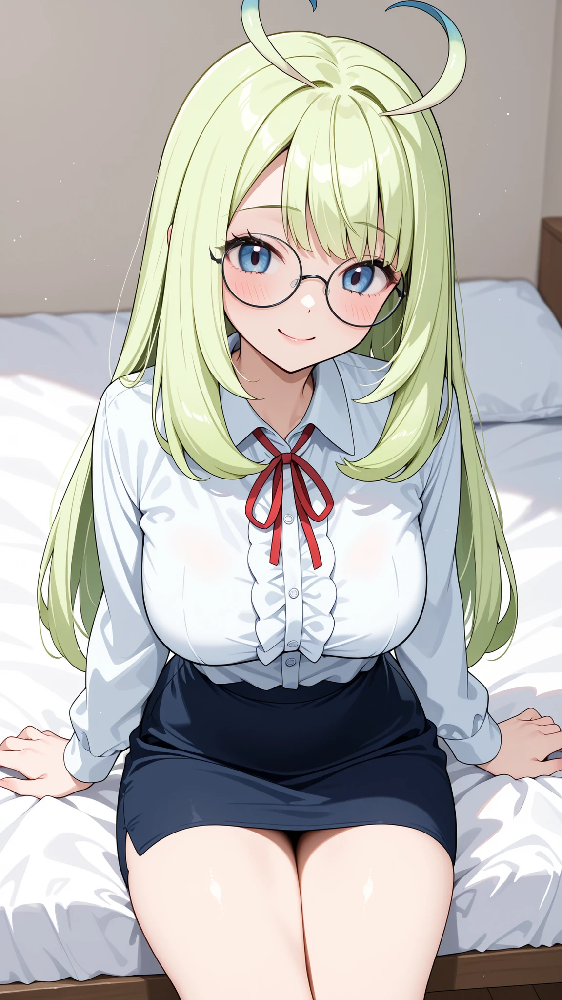 Pokemon Celebi, She Has Long Yellow Hair, Eyes are deep blue , she has medium bust size,With a cute smile、I'm wearing round glasses in a sexy teacher cosplay,she's sitting on the bed, young woman ,High Quality