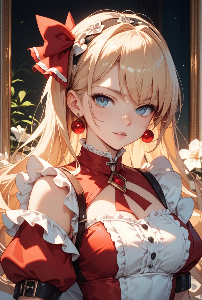 one girl、unparalleled beauty、cute face、ruddy face、fine eyes、(((vampire、deep red eyes、black lips、Expressionless)))、dark fantasy、Drifting eroticism、bun hair、blonde、Classy dresses、small breasts、ancient city、dark drawing room、Luxurious ornaments、dark lighting、dark lighting、masterpiece、highest quality、super resolution、best image quality、Super detailed、